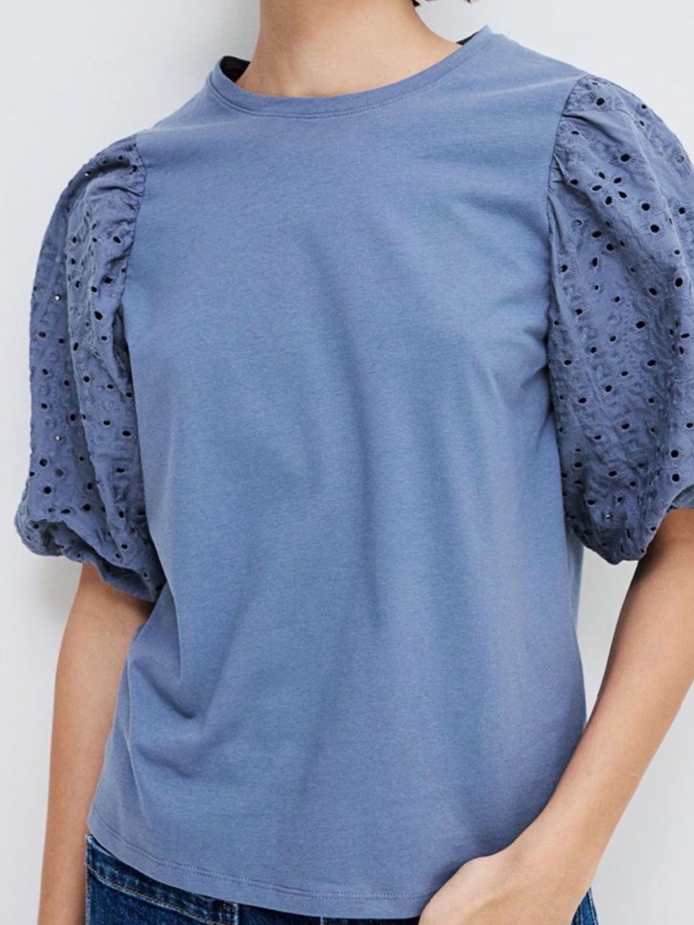 LOFT Blue Puff Sleeve Eyelet Tee